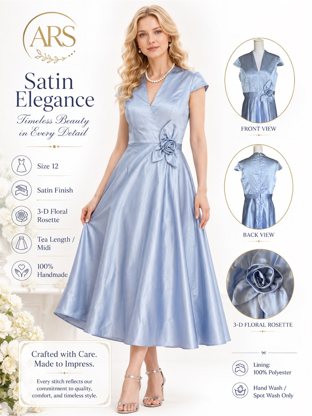 NWT Light Blue Satin Midi Dress Size 16 3D Floral Rosette Formal Occasion